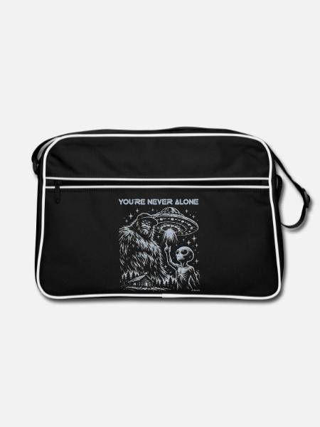 Du bist nie allein, Bigfoot-Alien-T-Shirt. - Retro Tasche - Schwarz/Weiß