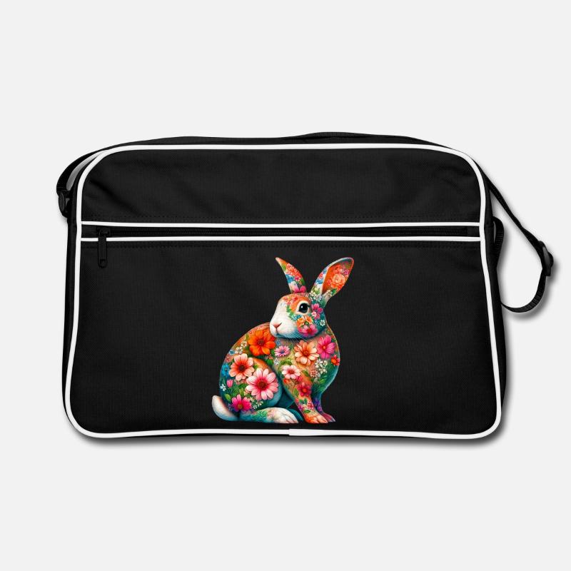 Hase mit Blumen geschmückt - Retro Tasche - Schwarz/Weiß