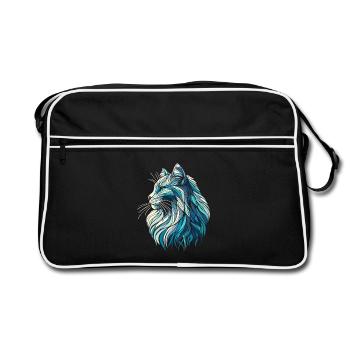 Blauer Katzenkopf, geometrische Kunst, Polygone - Retro Tasche - Schwarz/Weiß - Vorne