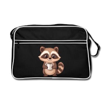 Cute Raccoon Holding Coffee Cup - Adorable design - Retro Bag - black/white - Front