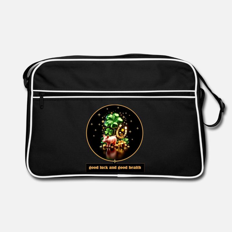 Cochon chanceux avec trèfle et pièces de monnaie - Sac Retro - noir/blanc