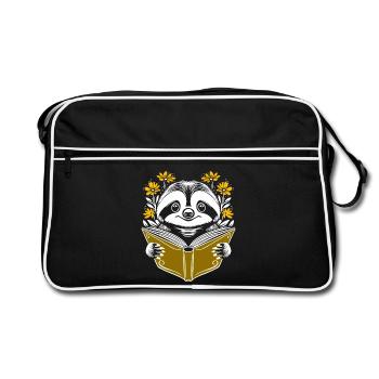 Faultier mit Buch und Blumen Bücher lesen - Retro Tasche - Schwarz/Weiß - Vorne