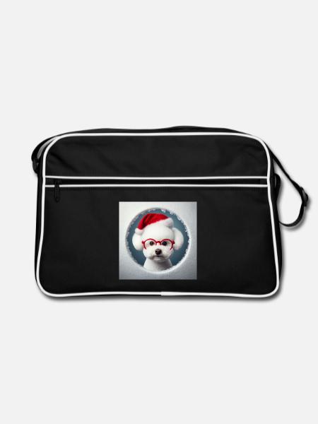 Bichon Frisé Hund als Weihnachtsmann - Retro Tasche - Schwarz/Weiß - Vorne