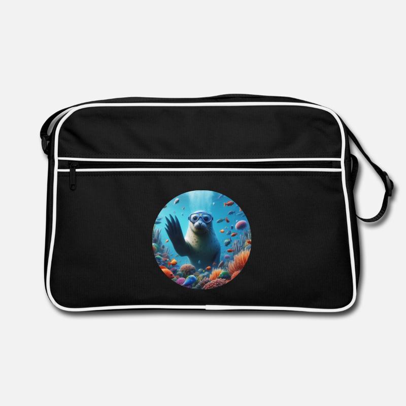 Robbe im Meer mit Taucherbrille - Retro Tasche - Schwarz/Weiß