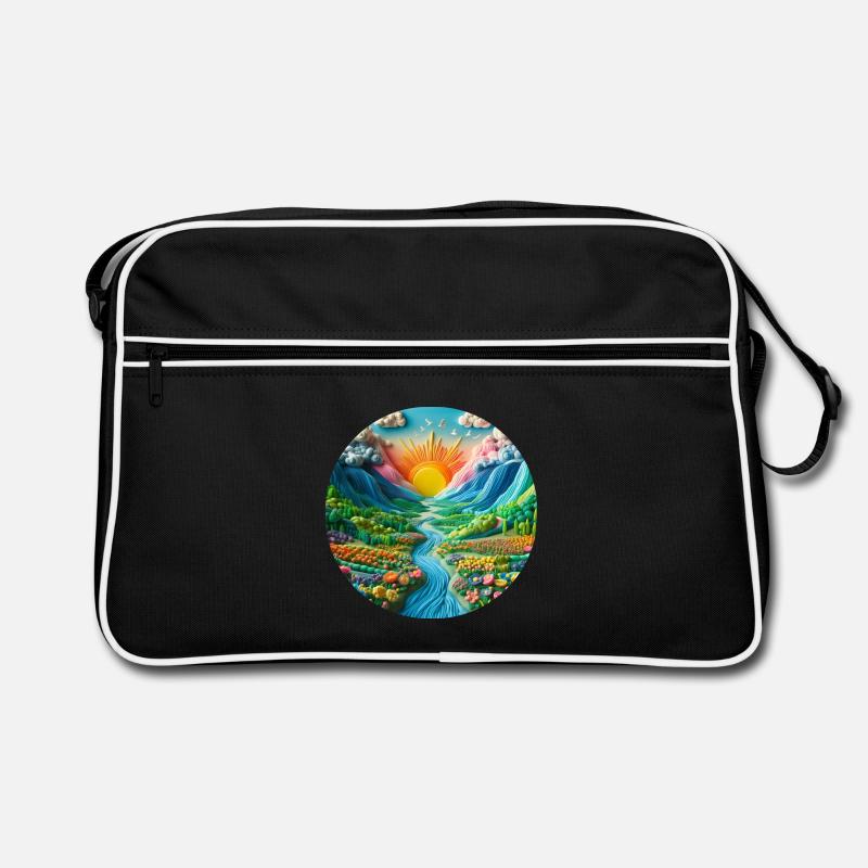 Landschaft bunt mit Sonne Berge und See aus Knete - Retro Tasche - Schwarz/Weiß