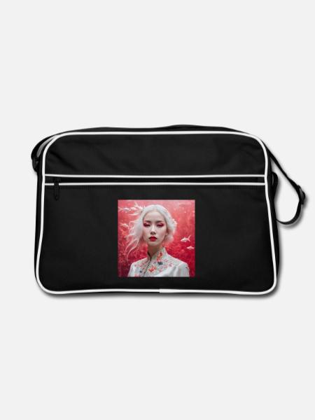belle fille japonaise sur fond rouge avec des poissons - Sac Retro - noir/blanc - Devant