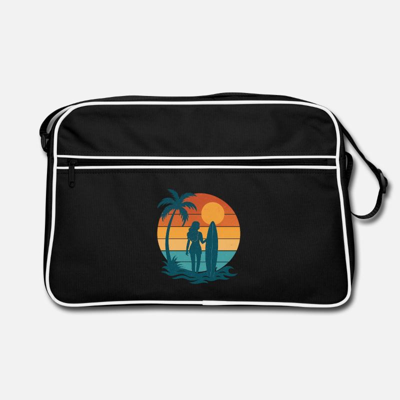 Sunset on the beach with surfer Retro Bag