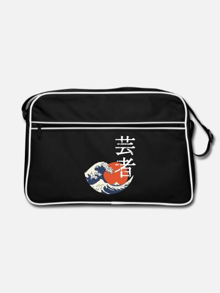 Kanji-Welle und rote Sonne - Retro Tasche - Schwarz/Weiß