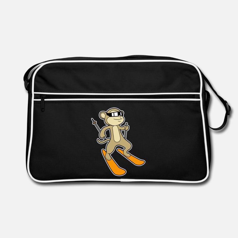 Affe als Skifahrer mit Skier - Retro Tasche - Schwarz/Weiß