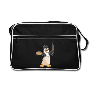 Penguin Painter Brush Painting - Retro Bag - black/white - Front
