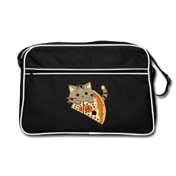 Pizza mit Katze - Retro Tasche - Schwarz/Weiß - Vorne