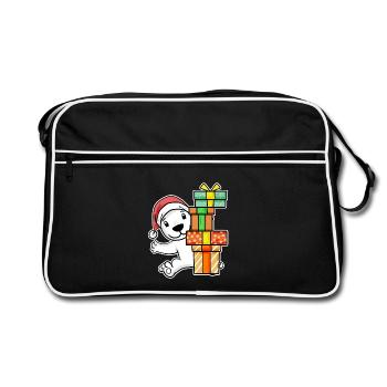 Eisbär mit Weihnachtsmütze und Weihnachtsgeschenk - Retro Tasche - Schwarz/Weiß - Vorne