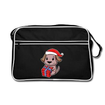 Hund mit Weihnachtsmütze und Weihnachtsgeschenk - Retro Tasche - Schwarz/Weiß - Vorne