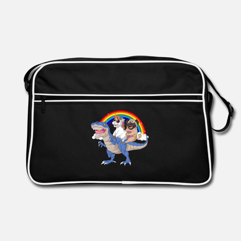 Regenbogen-Dinosaurier mit Einhorn und Mopsfahrt Retro Tasche