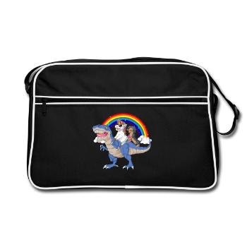 Dackel Einhorn T-Rex T-Shirt - Retro Tasche - Schwarz/Weiß - Vorne