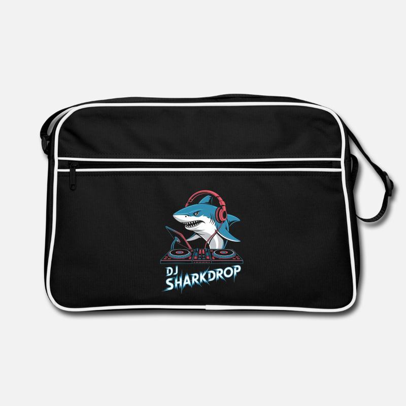 DJ SHARKDROP Hai DJ Mit Kopfhörern Am Mischpult - Retro Tasche - Schwarz/Weiß