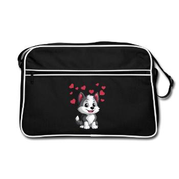 Herziger Husky mit Herzchen - Retro Tasche - Schwarz/Weiß - Vorne