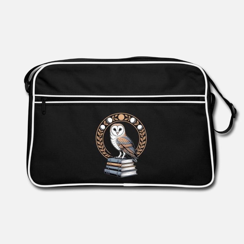 Eule Auf Büchern Mit Mondphasen Kranz - Retro Tasche - Schwarz/Weiß