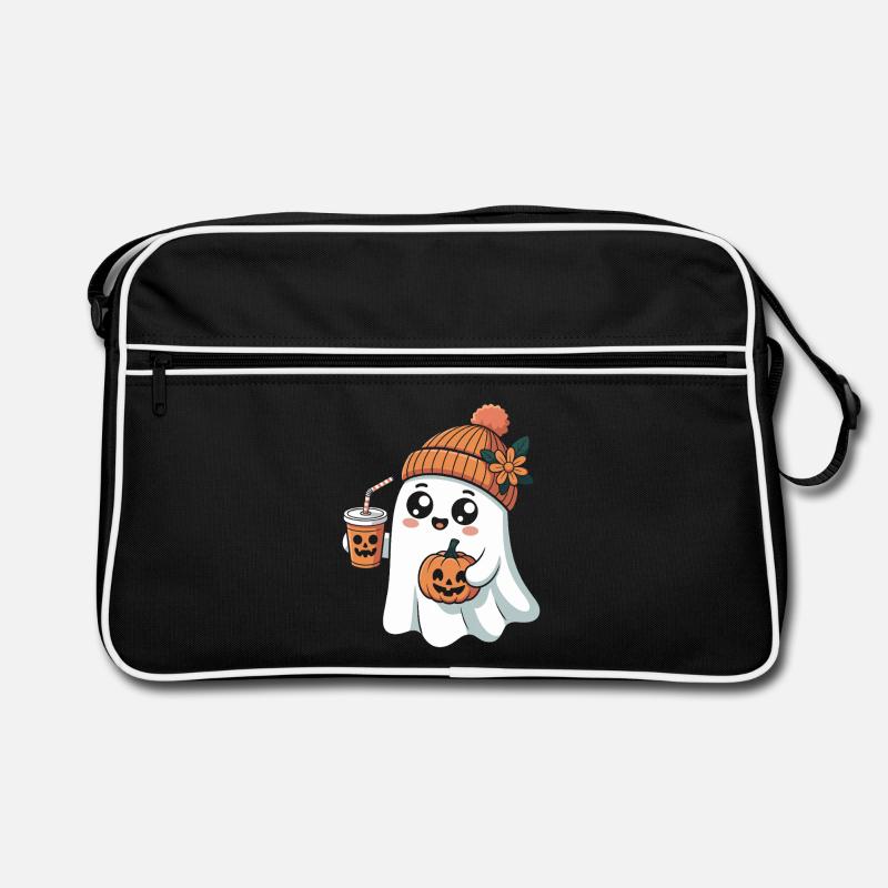 Cute Ghost With Pumpkin Spice Latte And Retro Bag
