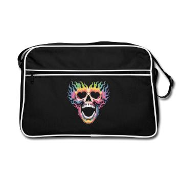 Skull Shirt mit Regenbogen Flammen - Retro Tasche - Schwarz/Weiß - Vorne