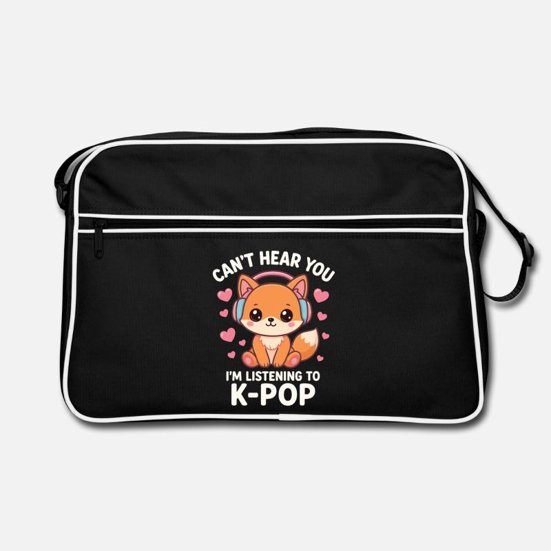 Kawaii Fox Loves K-Pop - Retro Tasche - Schwarz/Weiß