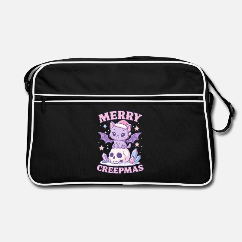 Crâne de Noël gothique pastel de chat Merry Creepmas - Sac Retro - noir/blanc