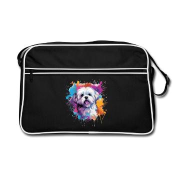 Farbenfrohe Spritzkunst Malteserhund - Retro Tasche - Schwarz/Weiß - Vorne