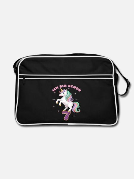 7. Geburtstag Einhorn Mädchen Ich bin schon 7 - Retro Tasche - Schwarz/Weiß - Vorne