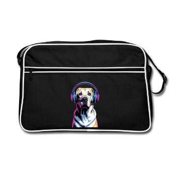 Labrador mit Kopfhörern - Retro Tasche - Schwarz/Weiß - Vorne