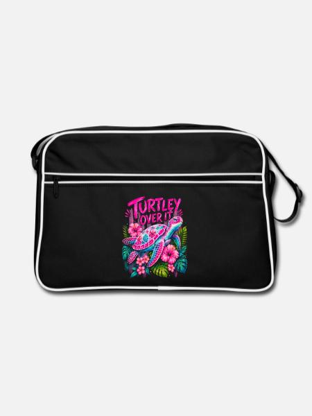 Turtley Over It Cute Turtle Flower - Retro Tasche - Schwarz/Weiß - Vorne