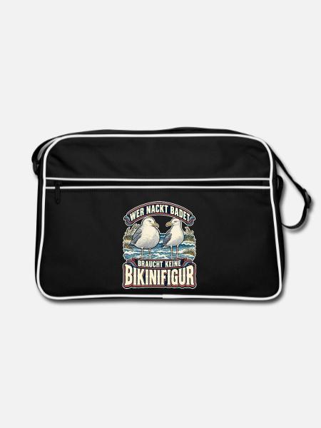 Wer nackt badet Bikinifigur Möwe - Retro Tasche - Schwarz/Weiß