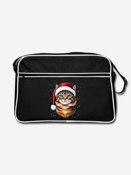 Weihnachtskatze mit rotem Hut - Retro Tasche - Schwarz/Weiß