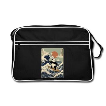 Panda, Surfen, Japanisch, Surfer, Pandabär - Retro Tasche - Schwarz/Weiß - Vorne