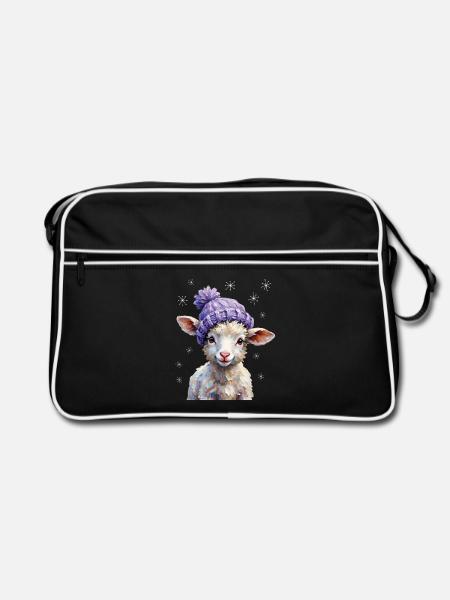 Süßes Lamm mit violetter Strickmütze - Retro Tasche - Schwarz/Weiß