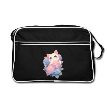 Kawaii White Cat Hydrangeas Flowers Chibi Style - Retro Bag - black/white - Front