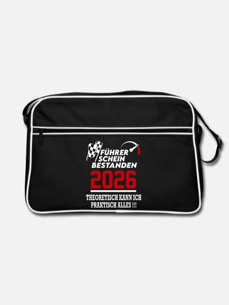 Führerschein bestanden 2026 Sprüche Fahrschule - Retro Tasche - Schwarz/Weiß