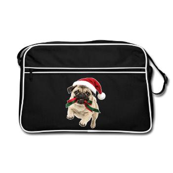 Verspielter Weihnachts Mops - Retro Tasche - Schwarz/Weiß - Vorne