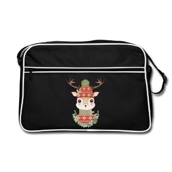 cute deer with sweater, bobble hat & wreath - Retro Bag - black/white - Front
