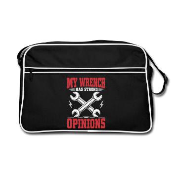 Schrauberhumor – My Wrench Has Strong Opinions - Retro Tasche - Schwarz/Weiß - Vorne