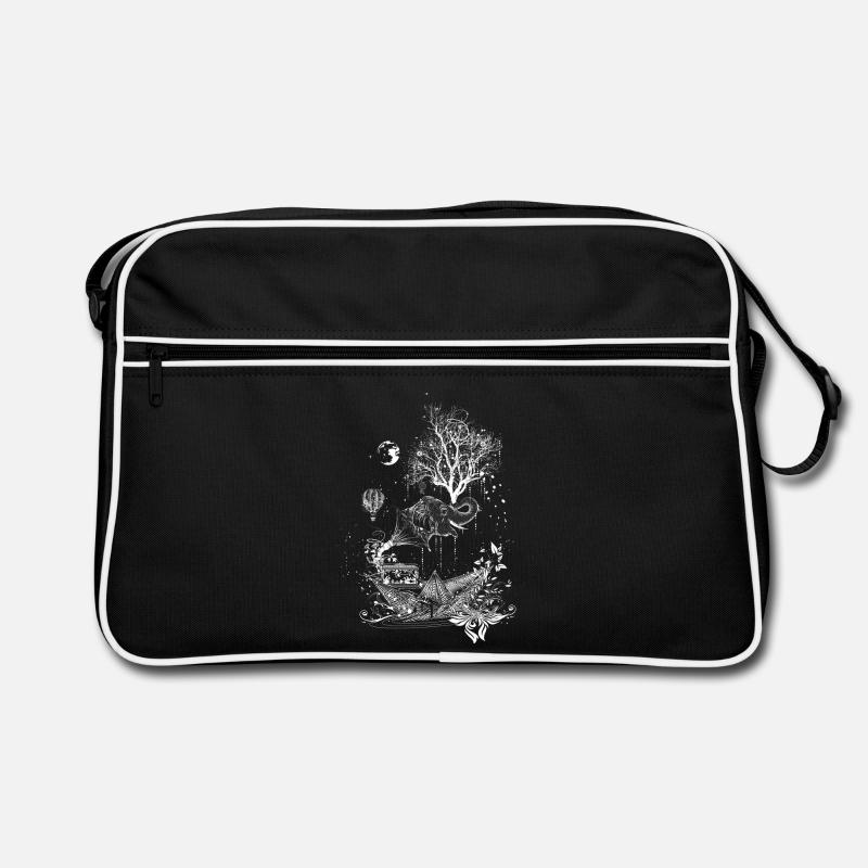 Elefant,Papierschiff und Baum- surreales Design - Retro Tasche - Schwarz/Weiß