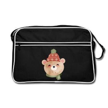 cute bear with bobble hat and scarf in winter - Retro Bag - black/white - Front