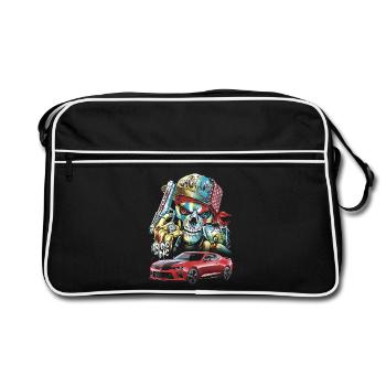 Schädel, Mutig, Rotes Auto - Retro Tasche - Schwarz/Weiß - Vorne