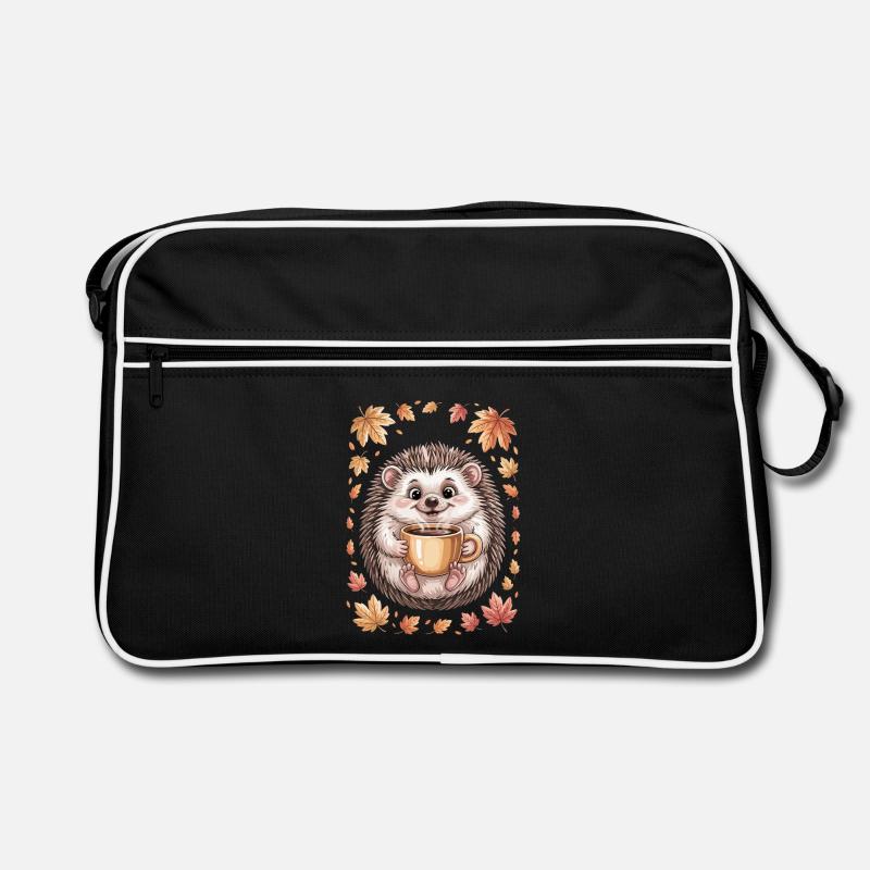 Herbstlicher Igel mit Kaffeebecher - Retro Tasche - Schwarz/Weiß