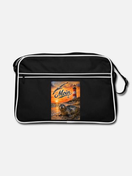 Nordsee Sonnenuntergang am Meer Seehund - Retro Tasche - Schwarz/Weiß