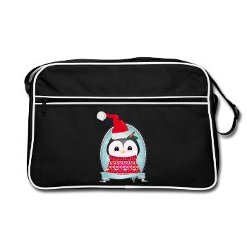 weihnachtlicher Pinguin mit Strickpullover & Mütze - Retro Tasche - Schwarz/Weiß - Vorne
