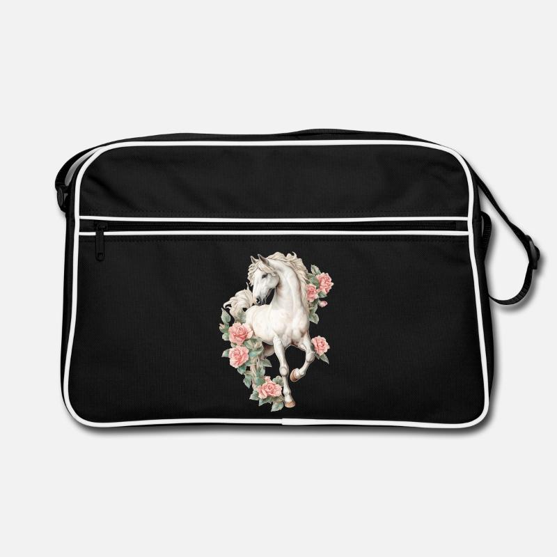 Pferd mit Rosen - Retro Tasche - Schwarz/Weiß