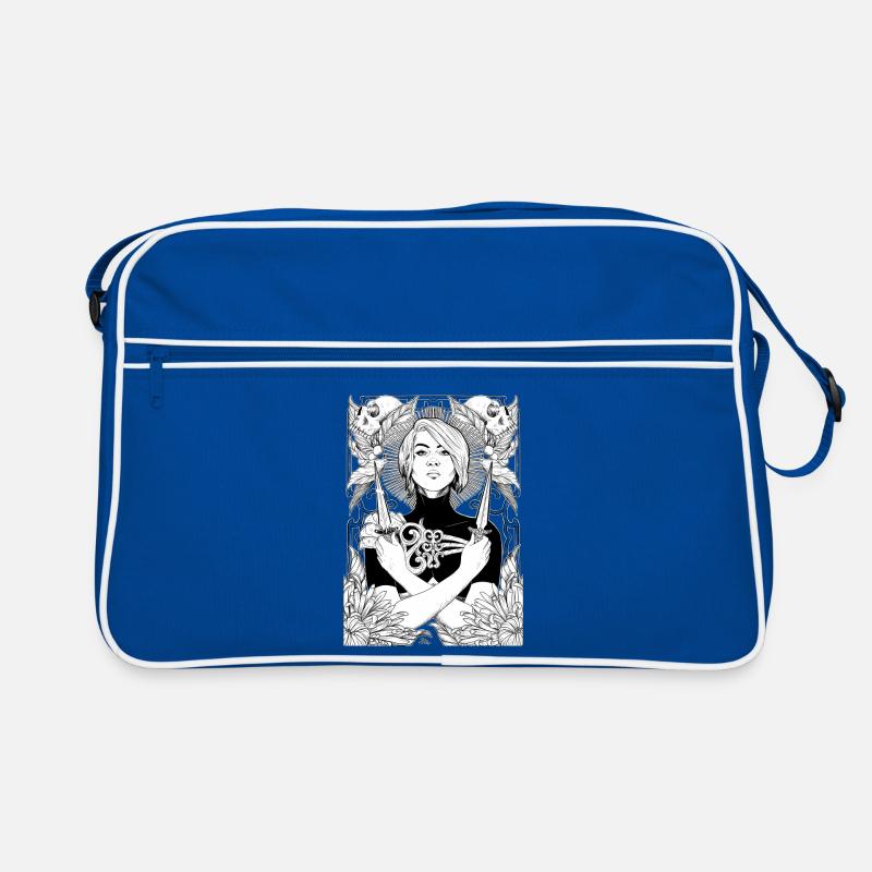 Frau mit Dolchen, Schädeln und Dahlien Retro Tasche