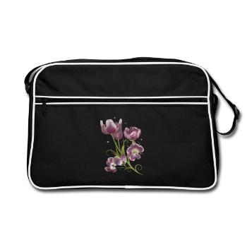 Tulips and Stars, Mixed Media Artwork - Retro Bag - black/white - Front