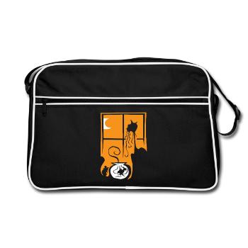 Halloween, chat, souris, poisson, orange, fenêtre, lune - Sac Retro - noir/blanc - Devant