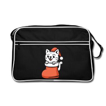 Süße Weihnachtskatze im Strumpf Cartoon - Retro Tasche - Schwarz/Weiß - Vorne